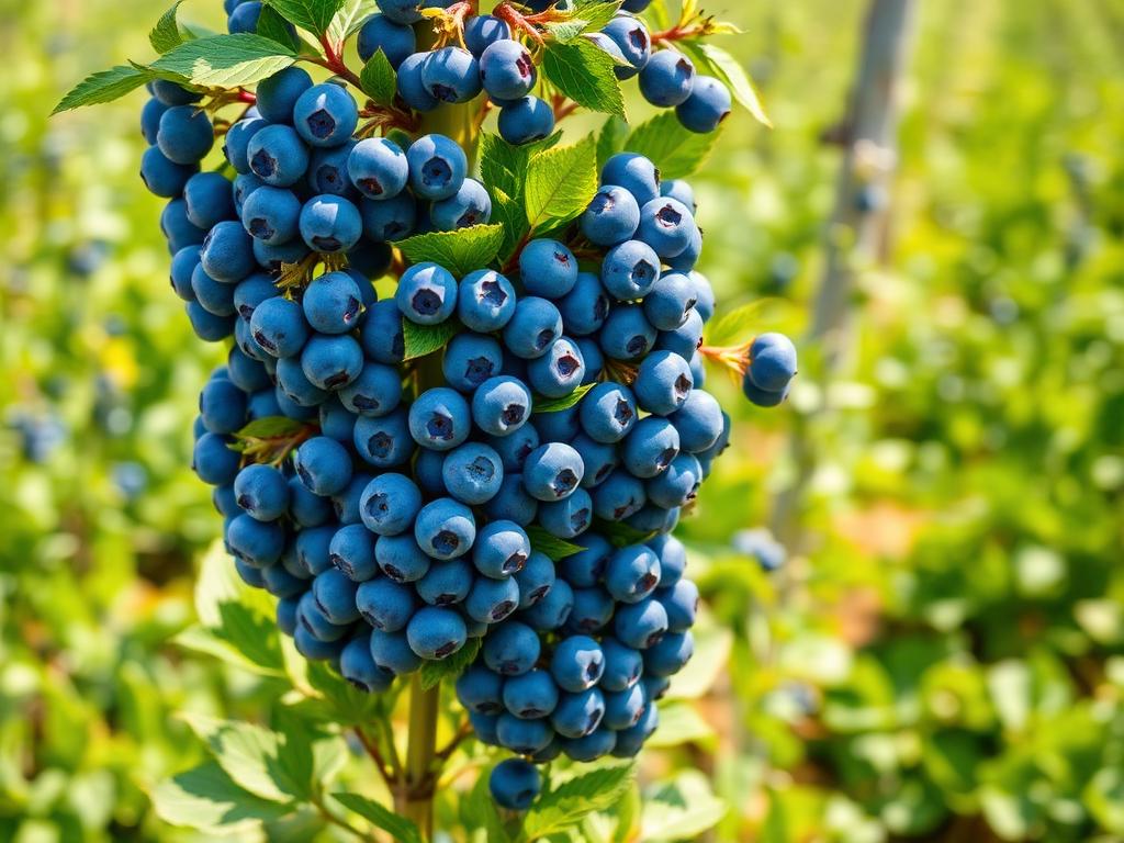 Сильнорослый куст голубики сорта Bluejay с гроздьями ягод